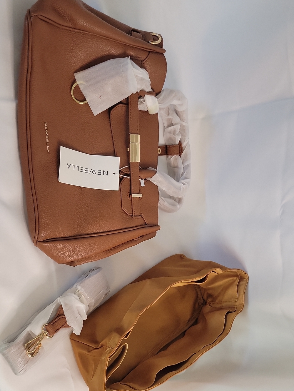 Newbella Tan Pebbled Leather Satchel with Gold Hardware